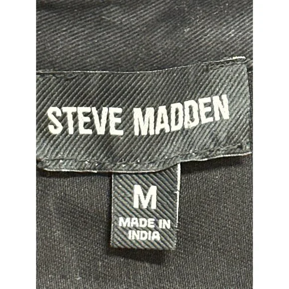 Steve Madden Womens Medium Black Denim Jumpsuit Partial Zip Long Sleeve NWOT
